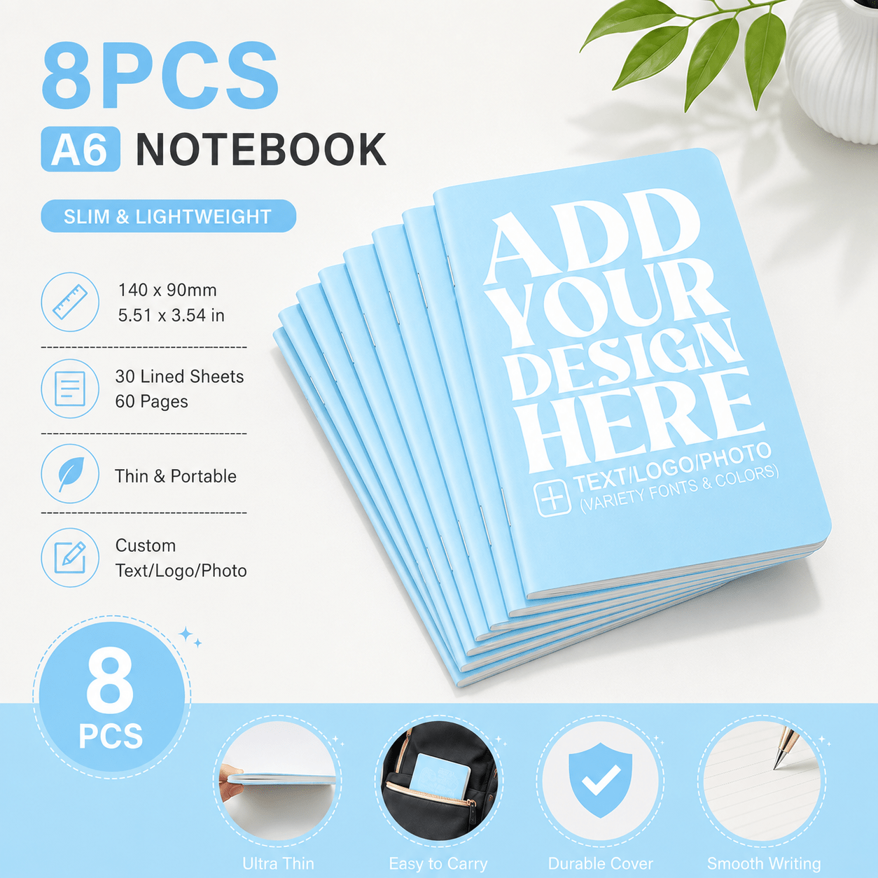 TEMU 8pcs Customizable A6 Lined Notebooks. Slim, Portable 60-page Notebooks Supporting Custom Text, Logo And Photos. Available In 4 Colors, 140x90mm