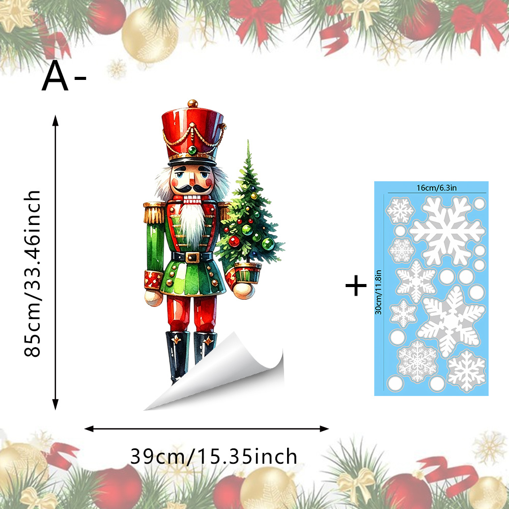 TEMU 2pcs Set Of Large Christmas Nutcracker And Snowflake Window Decals, Holding Drumsticks, Featuring A Traditional And Green A Christmas Tree With