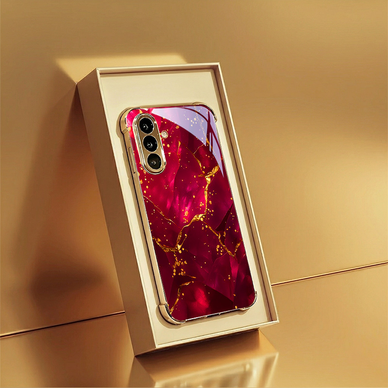 TEMU Phone Case - Burgundy Gilded Marble Pattern, Electroplated Four-corner Anti-drop Glass Phone Case Suitable For Galaxy