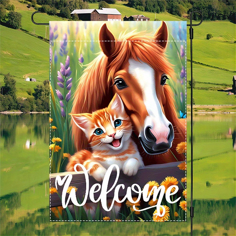 

1pc Spring Flag Cute Cat With Design No Electricity Required, Outdoor Patio Home Decor Lawn Decoration Double Sided Waterproof Burlap Flag 12x18inch