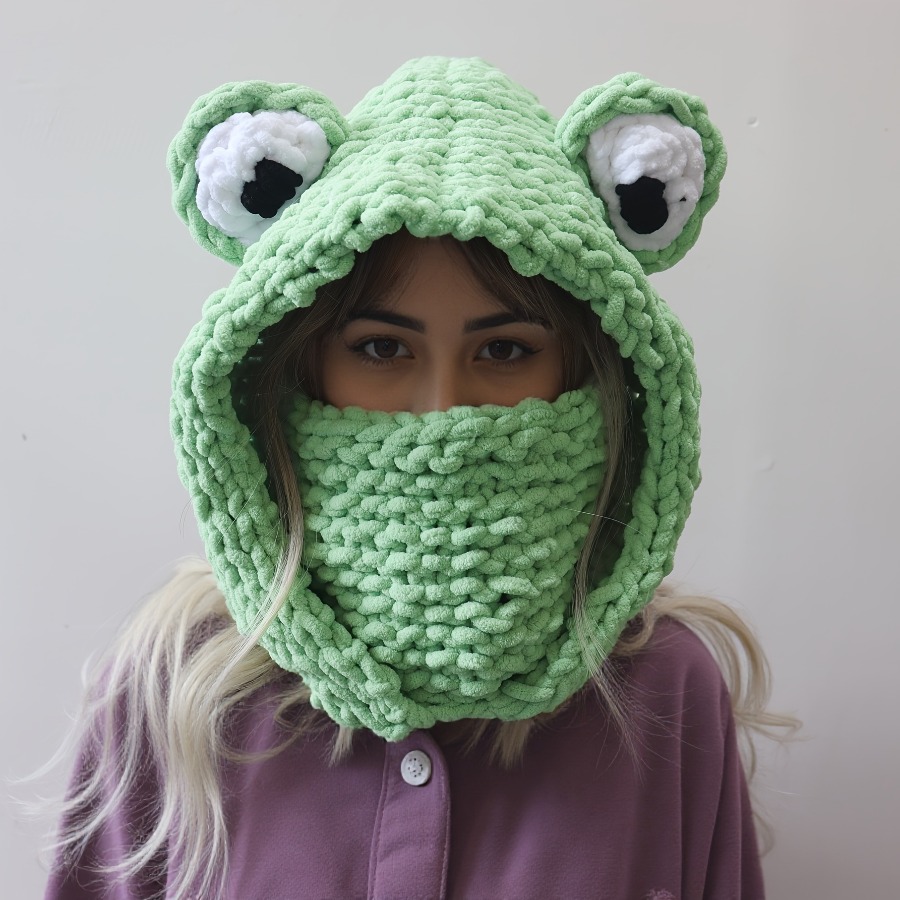 TEMU 1pc Women's Hand-frog Beanie & Mask Hat | Cute Cartoon Frog Eyes & Design, Thick Warm Winter Hat With Drawstring Closure, Breathable For Autumn