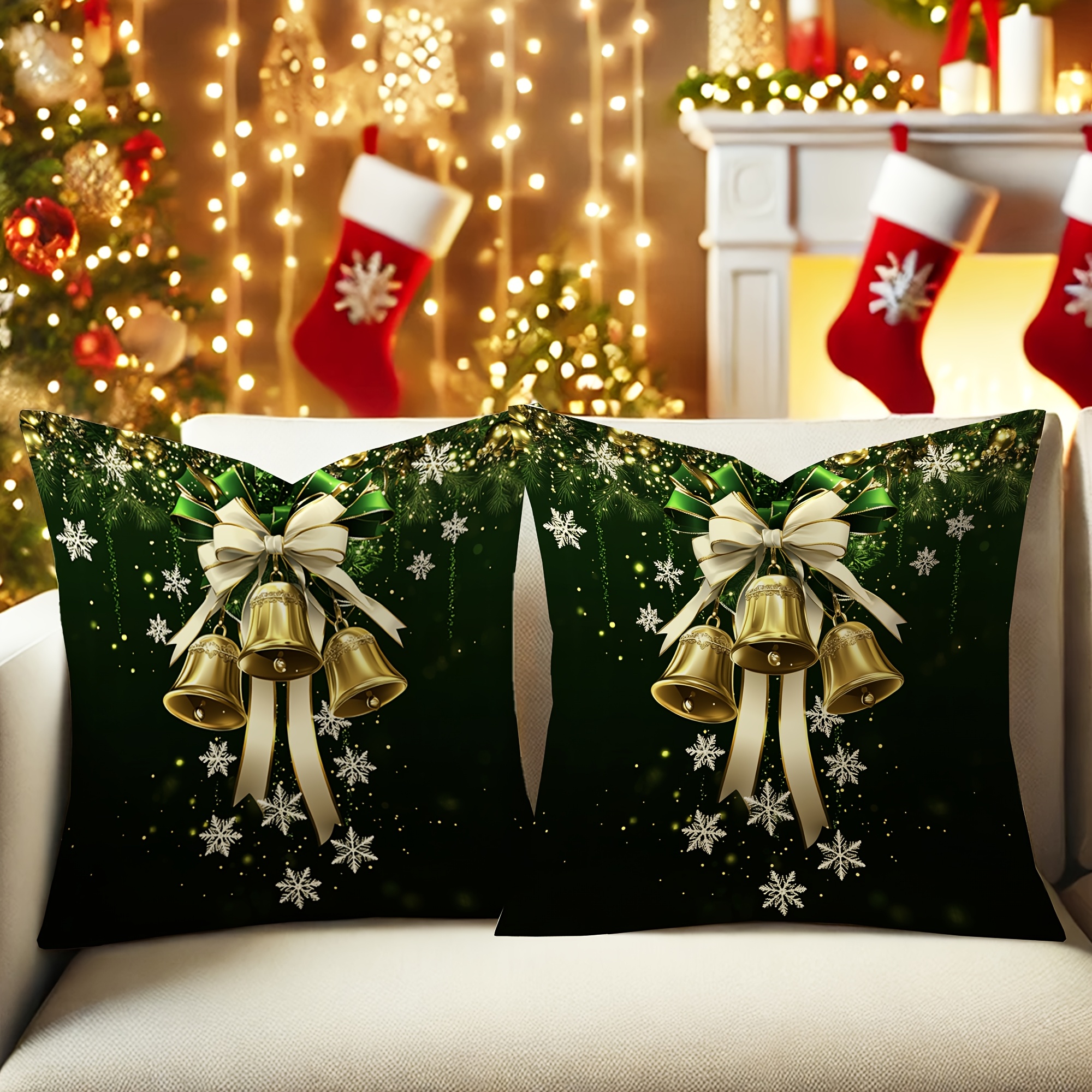 TEMU 2pcs Short Plush Christmas Pillowcase Set, , Machine Washable, Zipper Closure, Polyester, Decorative Pillow Cover With Green Ribbon Bow, ,