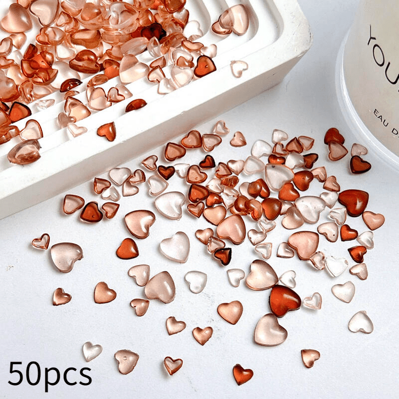 50pcs Of Milard Brown Transparent Resin Heart Mixed Size Nail Art Versatile Handmade Additions