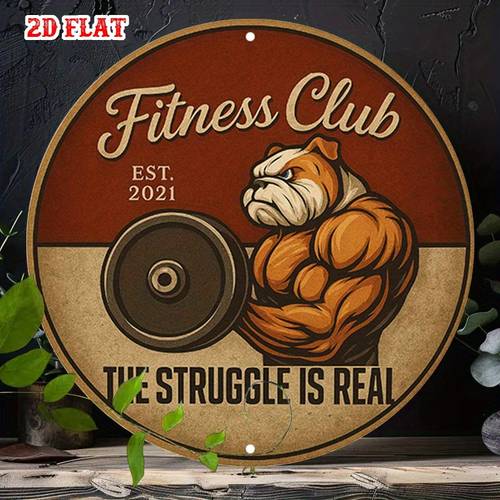 photo de l'article plaque métallique murale 2d plate, 1pc de gym bulldog anglais vintage - décoration rond de club de fitness de 19.81cm avec bulldog musclé & design dhaltérophilie, décoration dentraînement en aluminium pour maison, garage, gym, café - art dhaltérophilie bulldog