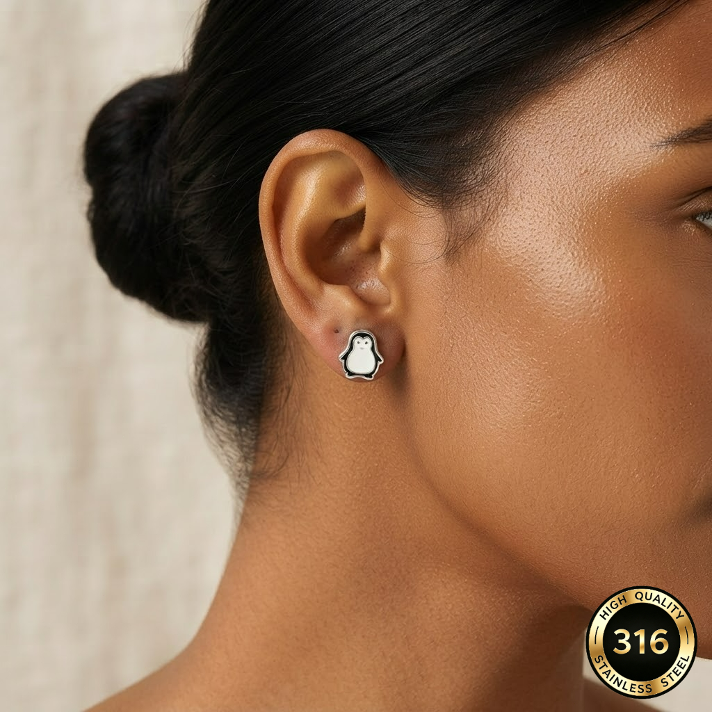 Penguin Stud Earrings in 316L Stainless Steel, Cute Animal Design