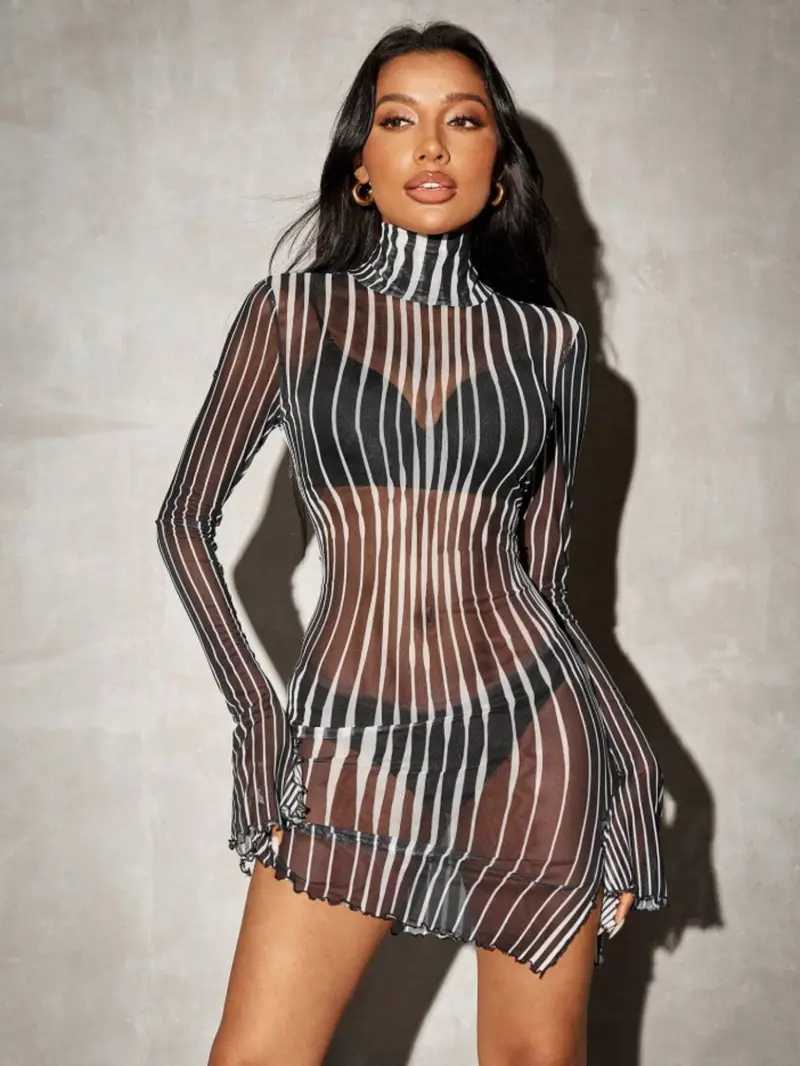 striped mesh bodycon dress Umbira Bodycon Dress in Stripe Mesh Black