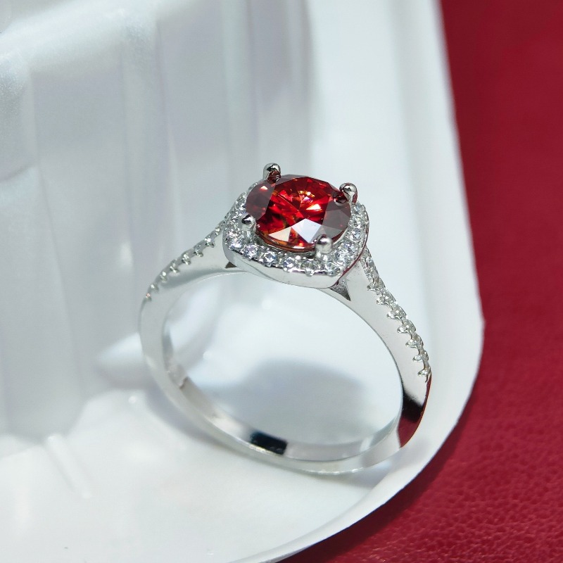 Women's 925 Silver Exquisite Red Moissanite Square-Shaped Ring