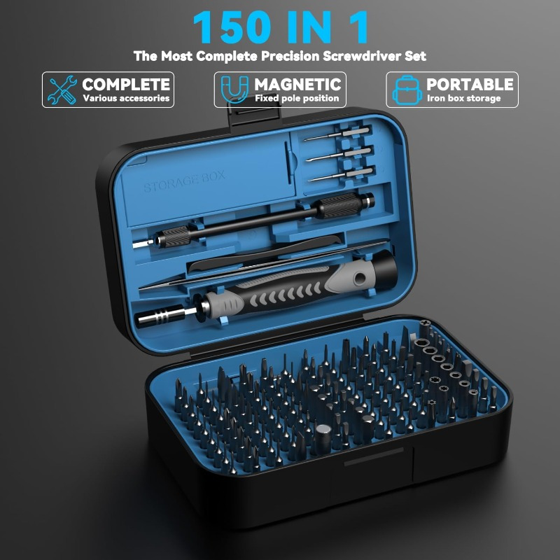 150 in 1 precision screwdriver set 120 bits full range small screwdriver set magnetic mini repair tool kit for ring doorbell laptop switch ps5   macbook iphone watch glasses navy blue Product details 2