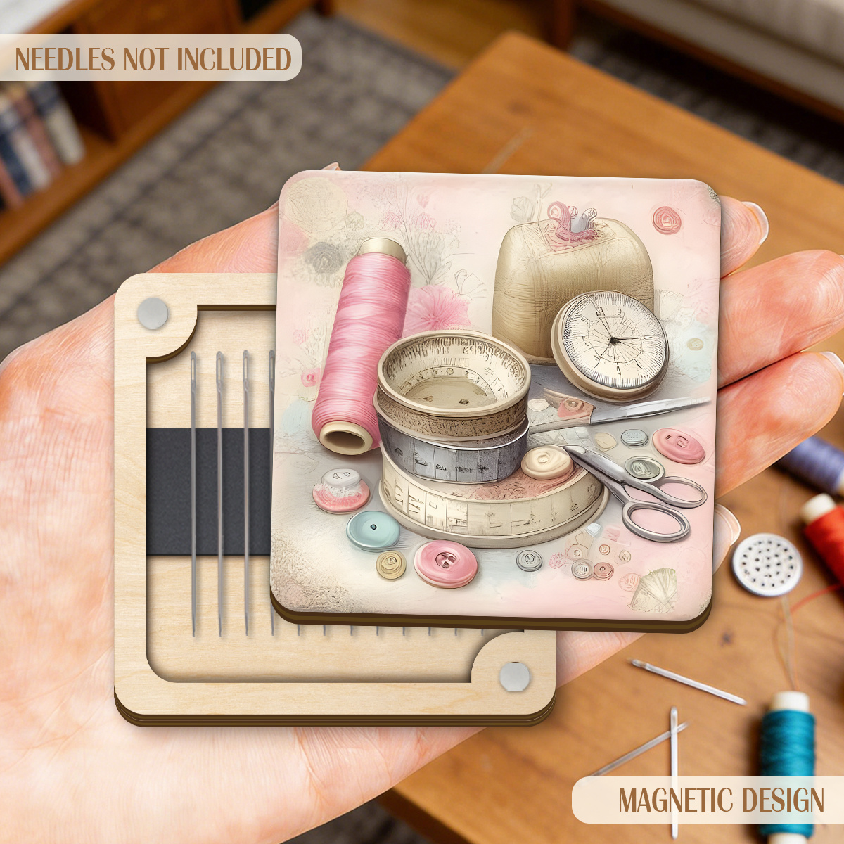 TEMU 1pc Square Magnetic Wooden Sewing Needle Box, With Retro Floral Sewing Machine Print, Portable Magnetic Needle Organizer, Suitable For Cross
