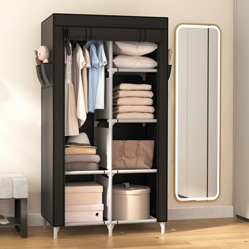 Fabric Wardrobe Closet With 6 Compartments And 4 Pockets | Hanging Rod For Bedroom Living Room Storage Organizer, Material, Juksun Brand, Mounted Closet Systems