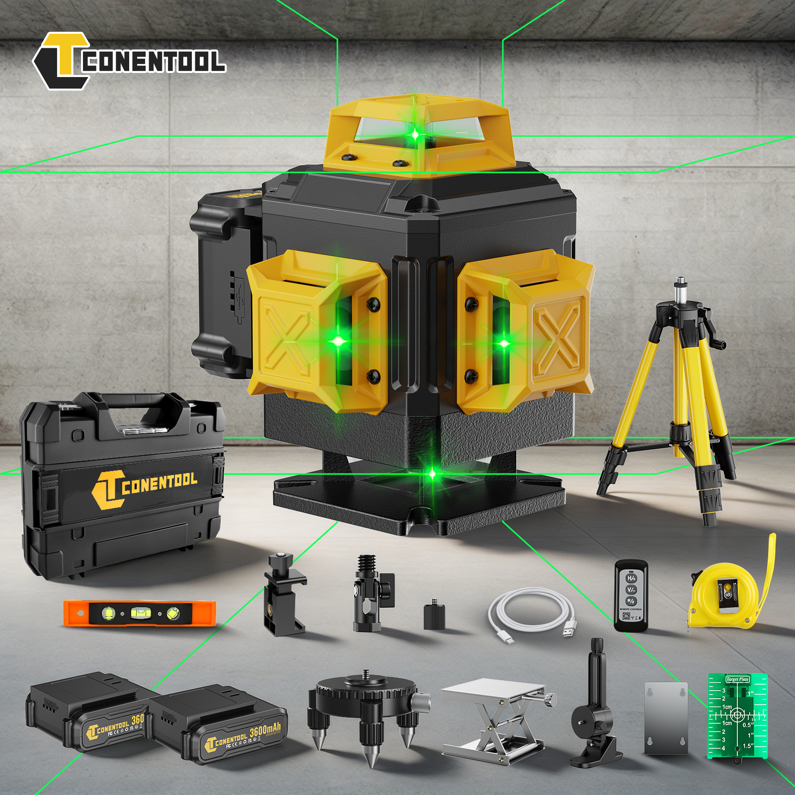 16 Lines Laser Level Conentool Professional Construction Laser Level Tool 360 Horizontal Vertical Levels Machine With 2 Batteries For Tile Laying Wall Hanging Indoor Decoration Construction Work