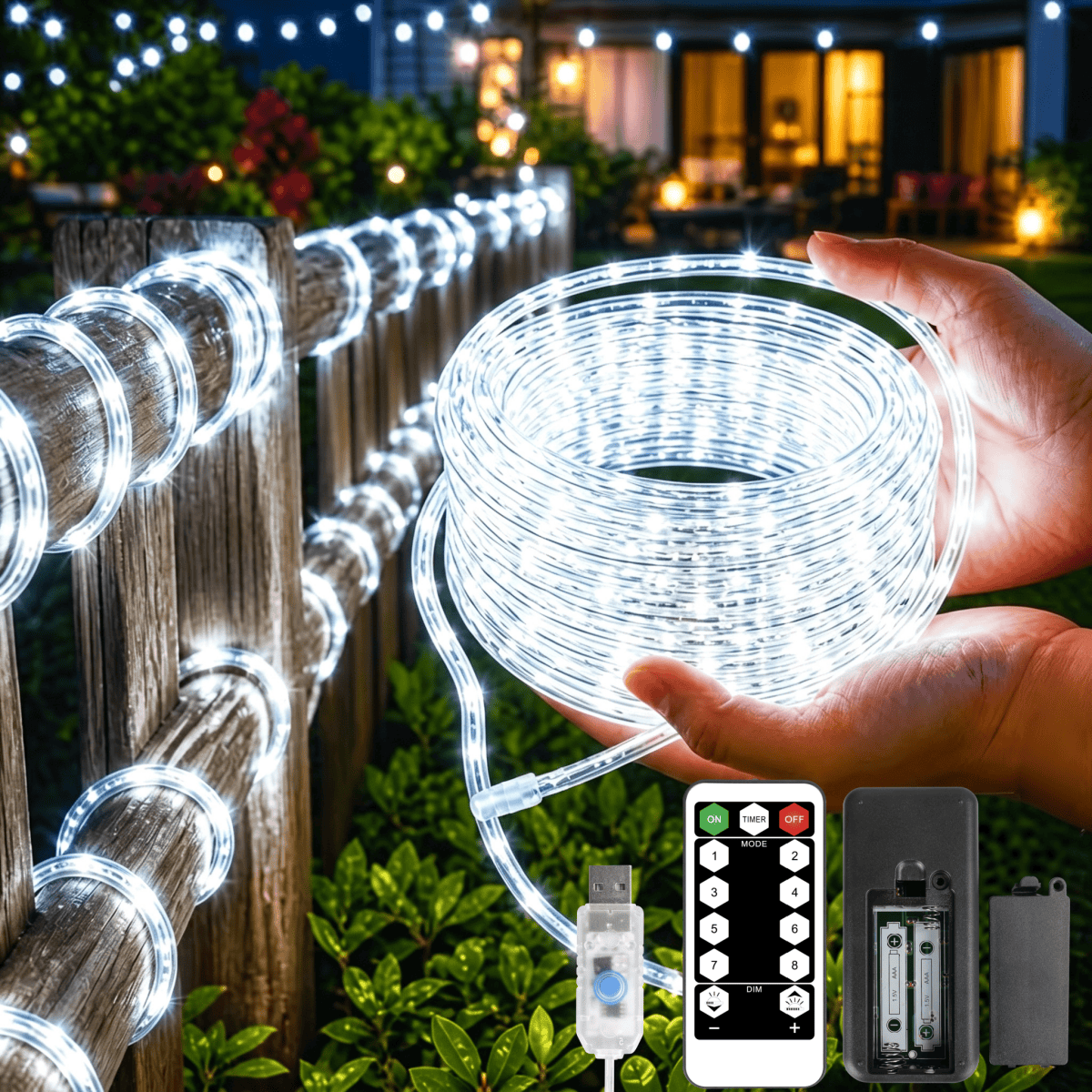 TEMU Usb Powered Tube Rope Lights, Led String Lights, Fairy Lights, 200/100/50led, Garden Decoration Fairy Lights, Aaa Remote Control With 8 Lighting