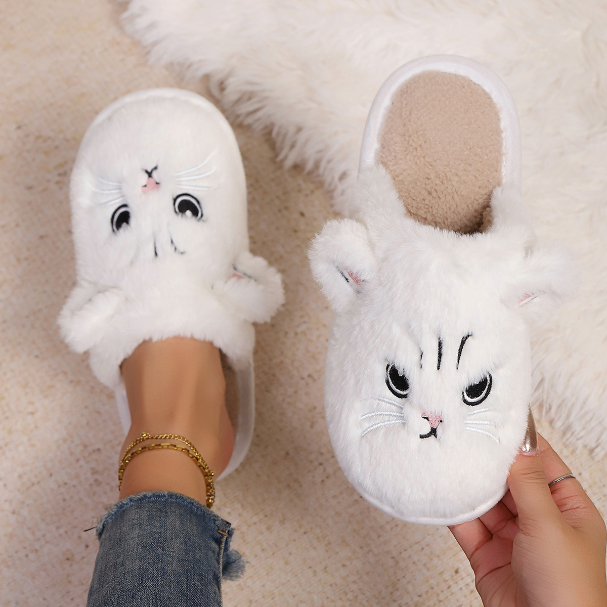 Image of Cute Cartoon Cat Plush Slippers For Women, Comfortable, Warm With Thickened Fleece, Soft Soled Ladies Slippers, In Multiple Colors, Suitable For Many , Ideal For Gifting, Women Shoes