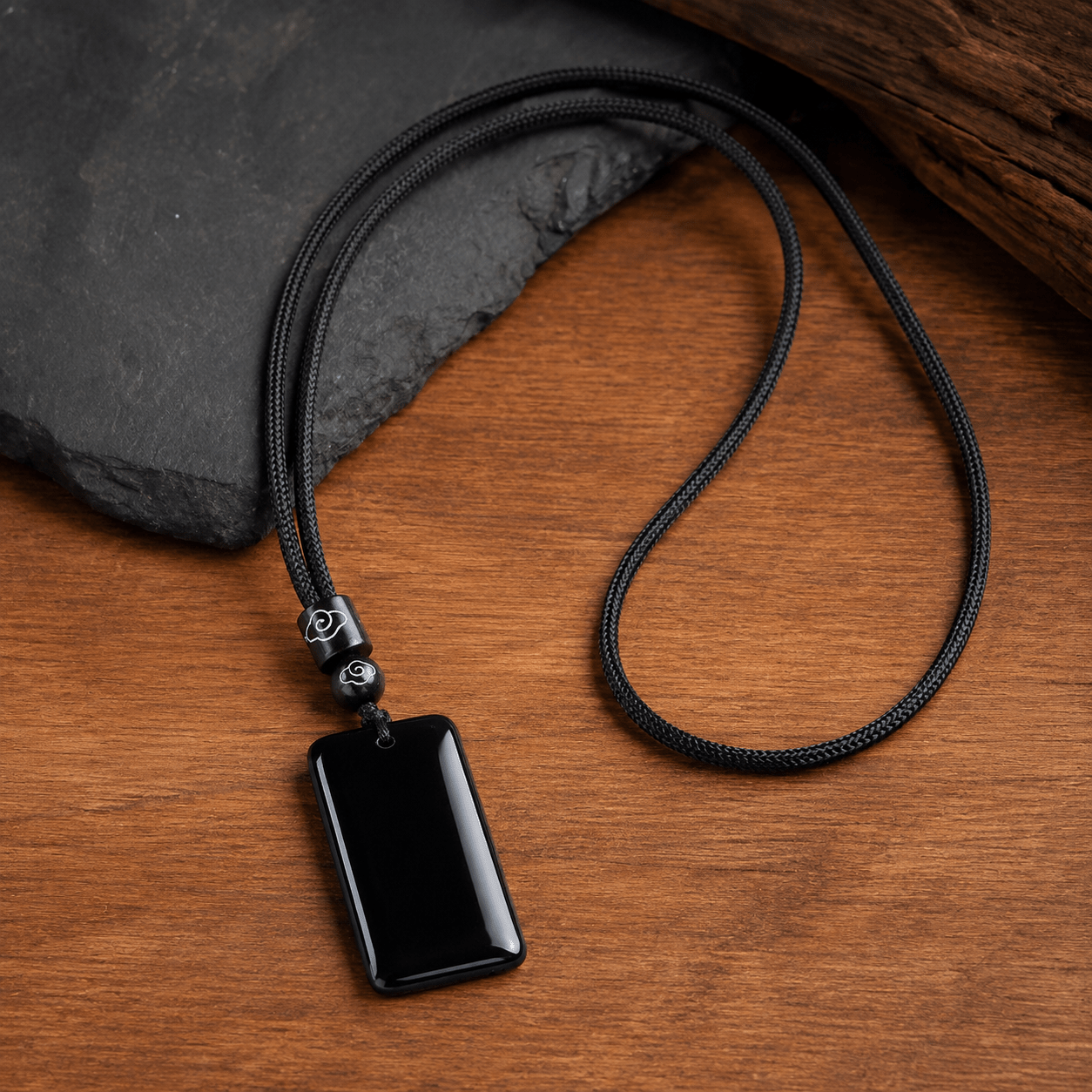 TEMU 1pc Natural Rectangle Pendant Necklace, Minimalist Black Polished Gemstone Pendant With Cord Chain, Vintage Oriental Style Unisex Jewelry,