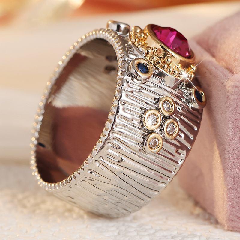 Women's Gothic Bark Texture Ring with Golden Border & Pink CZ