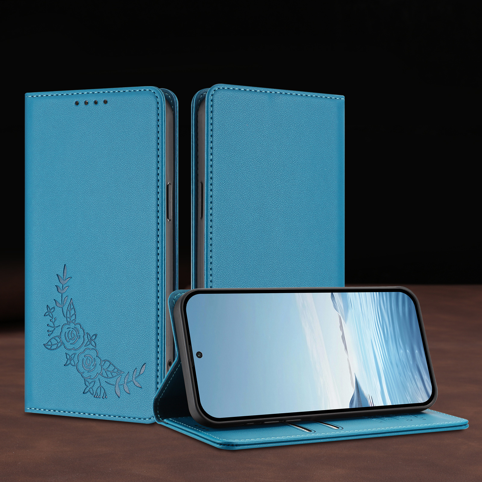 phone case pt lake blue double flower embossed pattern anti slip faux leather phone case   can hold card new fashionable elegant fresh phone protector