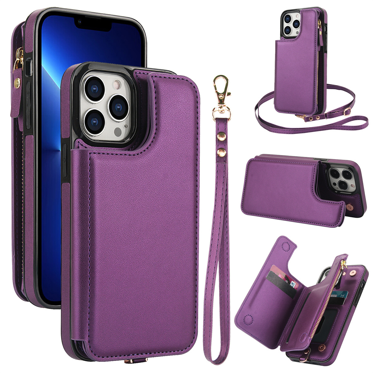 Wallet Case for iPhone 16/ 15/ 14/ 13/ 12/ 11 Pro Max 16 Plus/ 15 Plus/ 14 Plus/ 13 Mini/ 12 Mini/ 7/ 8/ SE 2020/ SE 2022 with Card Slot Holder, Magnetic Flip Folio Purse Case, Zipper Handbag with Detachable Lanyard Strap