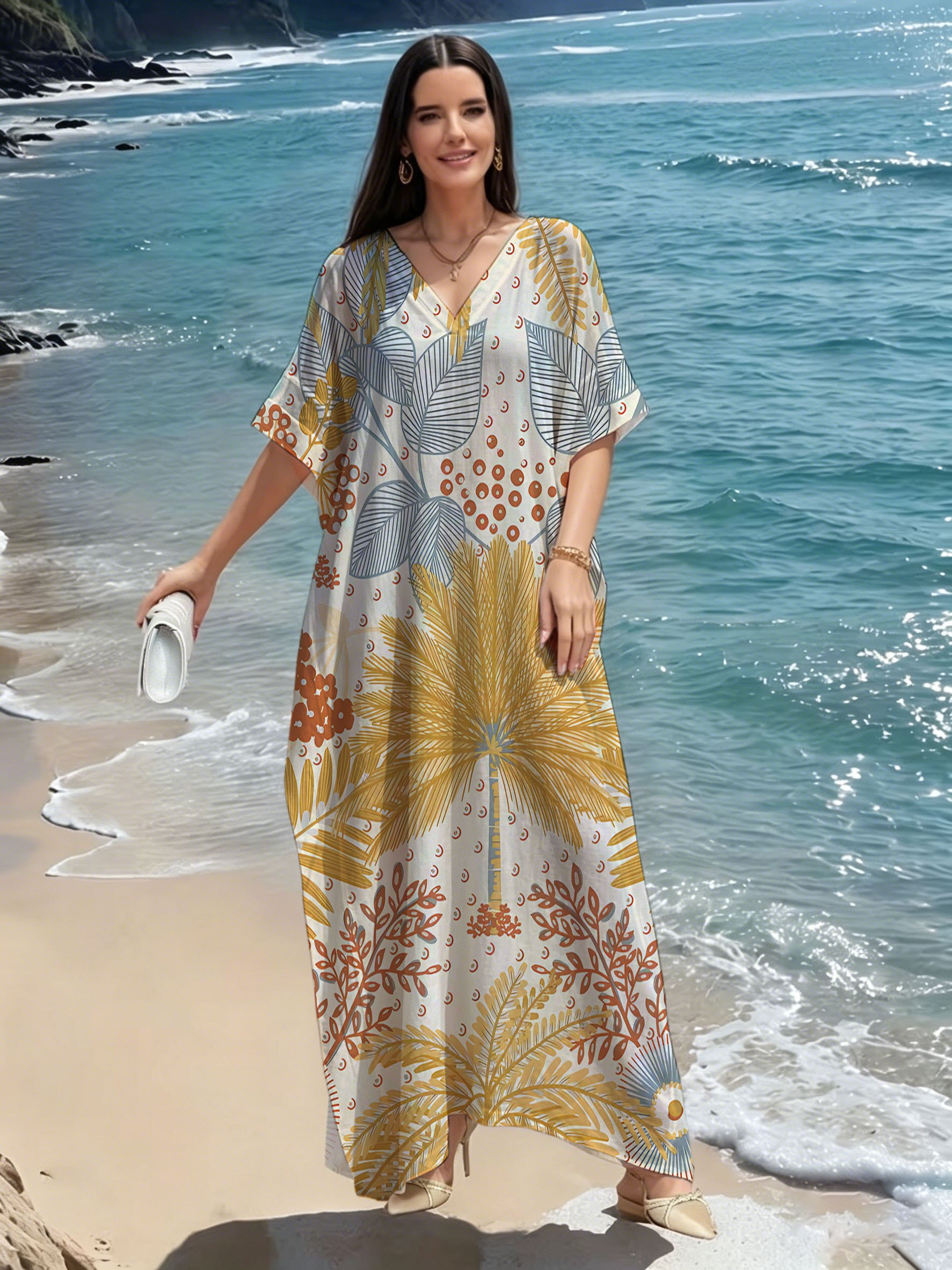 knee length dresses for ladies Ladies Deep V Long Sleeve Hollow Beach Dress main image 0