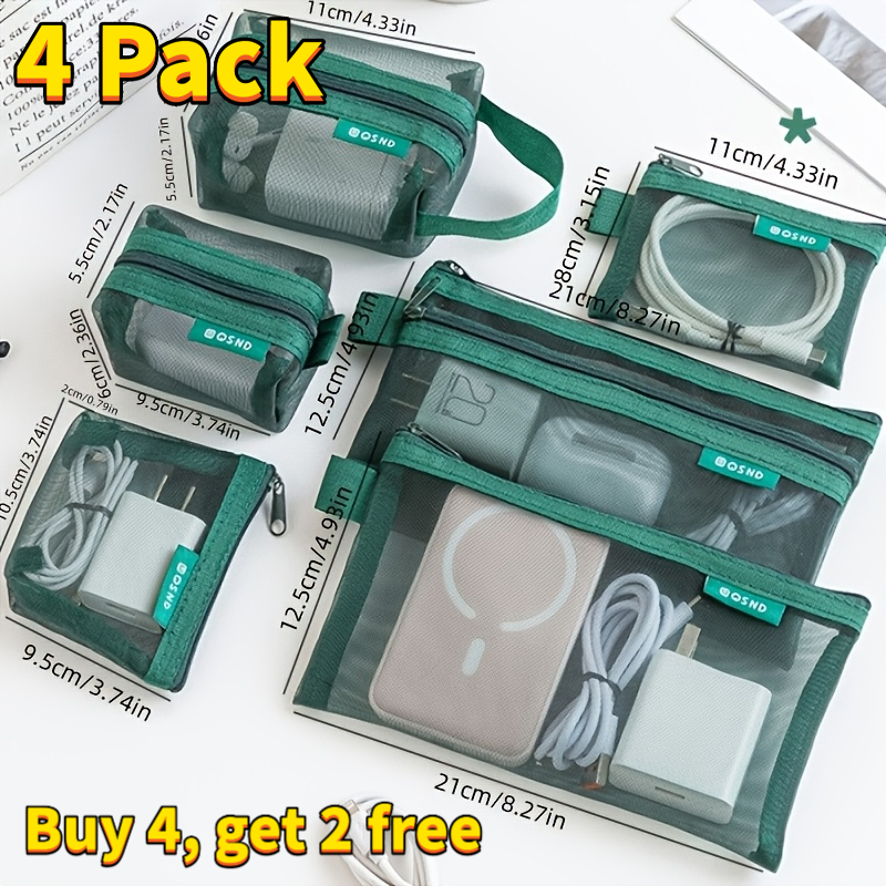 TEMU 4-pack (buy 4 Get 2 Free) Transparent Mesh Cable Organizer Pouch Lightweight Portable Earphone Power Bank Card Holder Cosmetic Storage Bag
