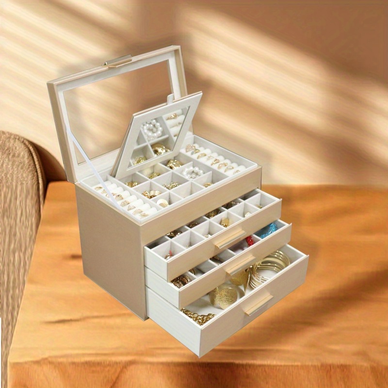 BOOVO Advanced 4-layer Jewelry Box -3-layer Drawer Large Capacity Storage - Transparent Window Design - Suitable for Displaying and Storing Jewelry - Built-in Flip Mirror - Equipped with Necklace Hook - Multifunctional Faux Leather Jewelry Box