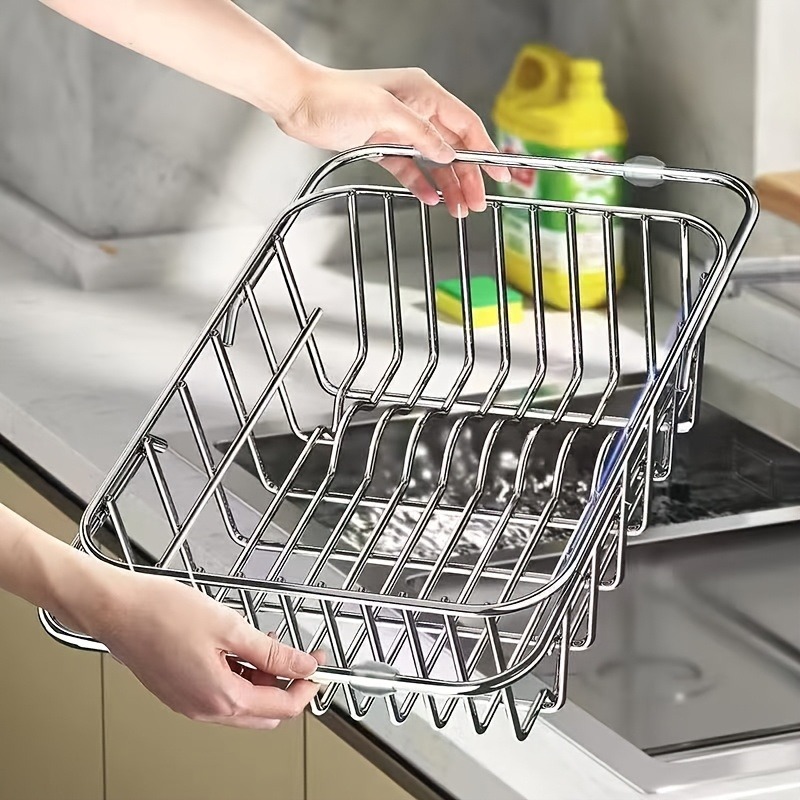 TEMU 1pc Adjustable Retractable Stainless Steel Sink Filter Drain Tube With Retractable Handle - Foldable Kitchen Organizer For Dishwashing, No