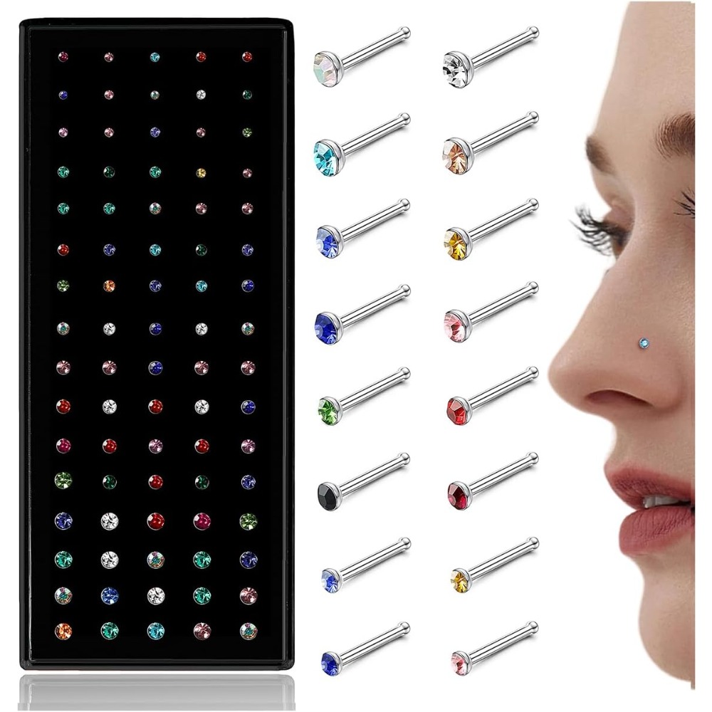 Image of Nose Rings Studs For Women Men | Straight Or L Shaped, Surgical Stainless Steel, Hypoallergenic, Piercing Jewelry With Synthetic Zirconia, By Milacolato