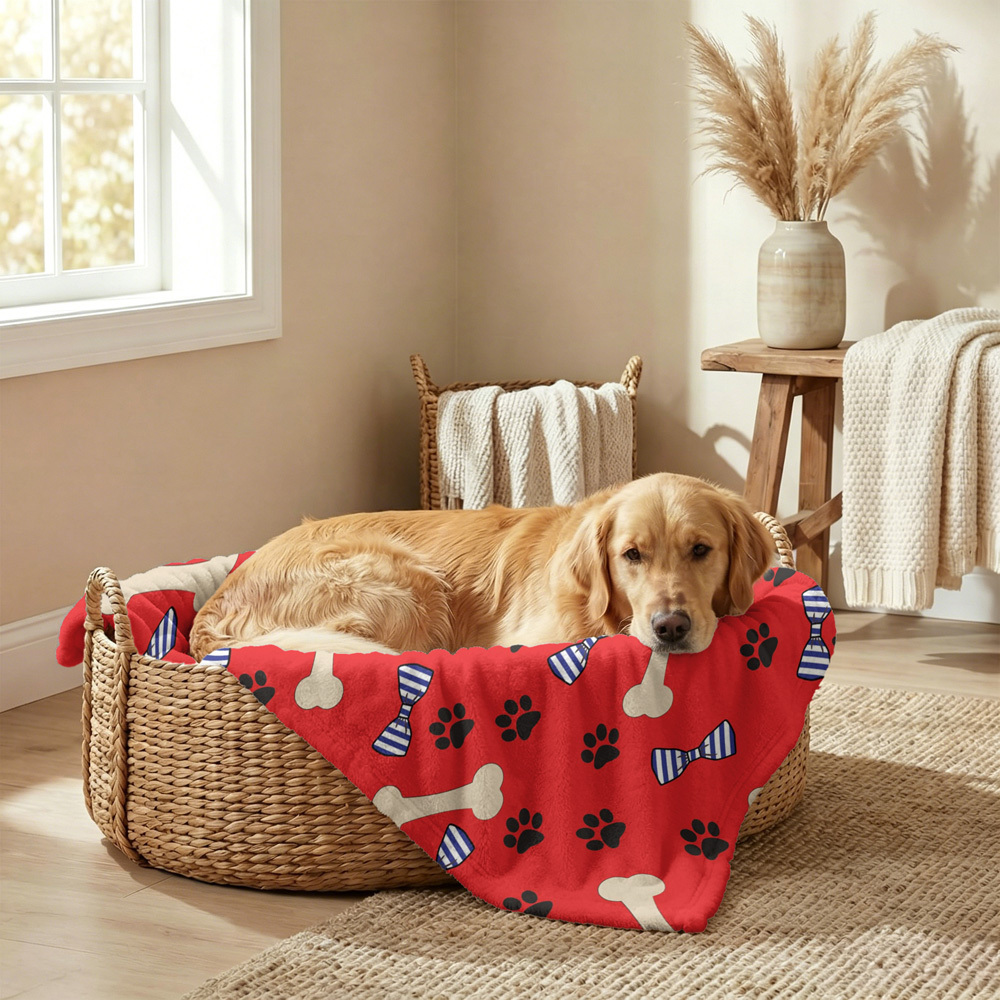 TEMU 1pc British Style Pet Blanket, Base With Paw Print Bone Bow Tie Print, Soft And Warm Resting Experience
