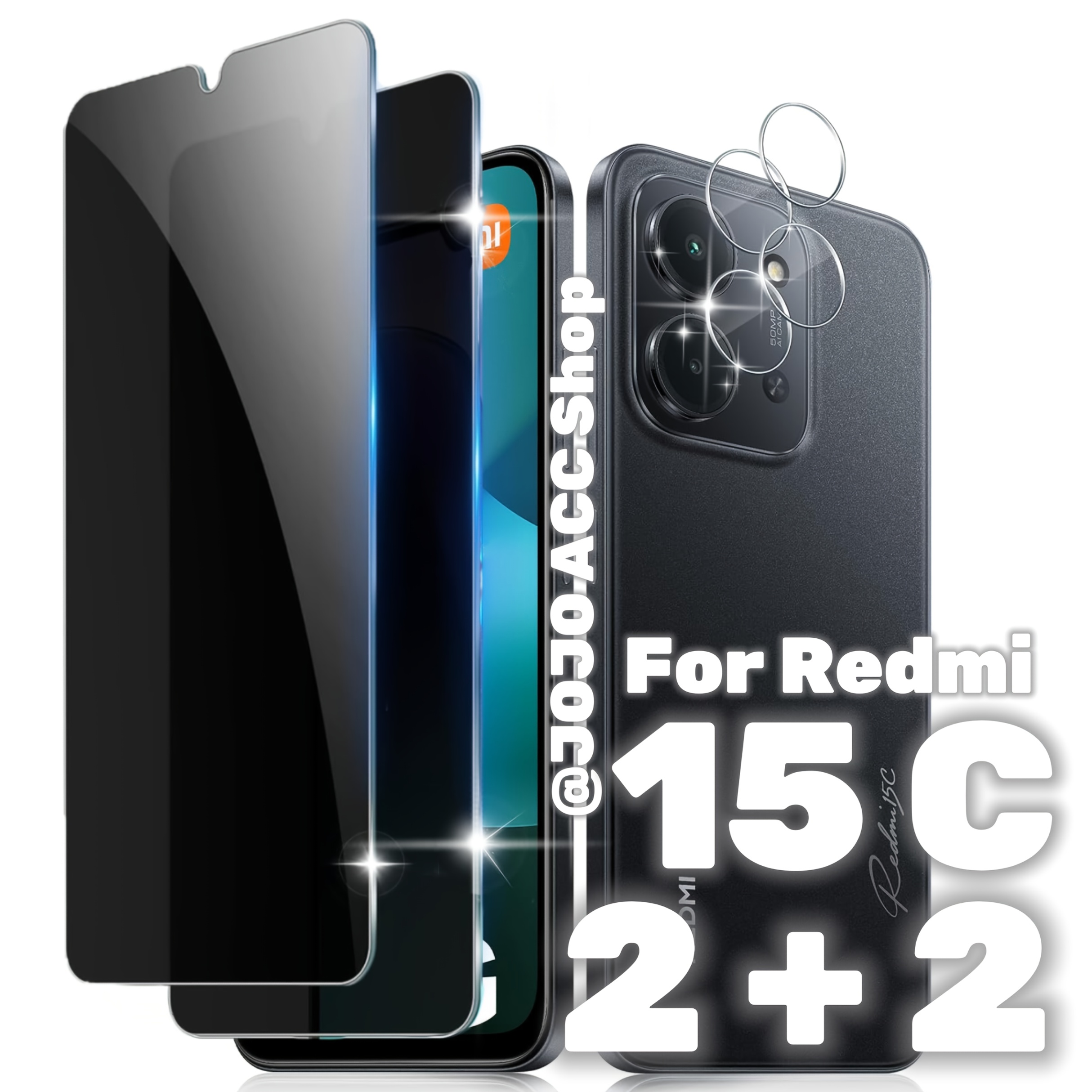 E-shop 2+2er Set: 2 Sichtschutz-Displayschutzfolien aus gehärtetem Glas + 2 Kameraschutzfolien für Xiaomi Redmi 15C 5G/4G, kratzfeste Sichtschutzfolie,