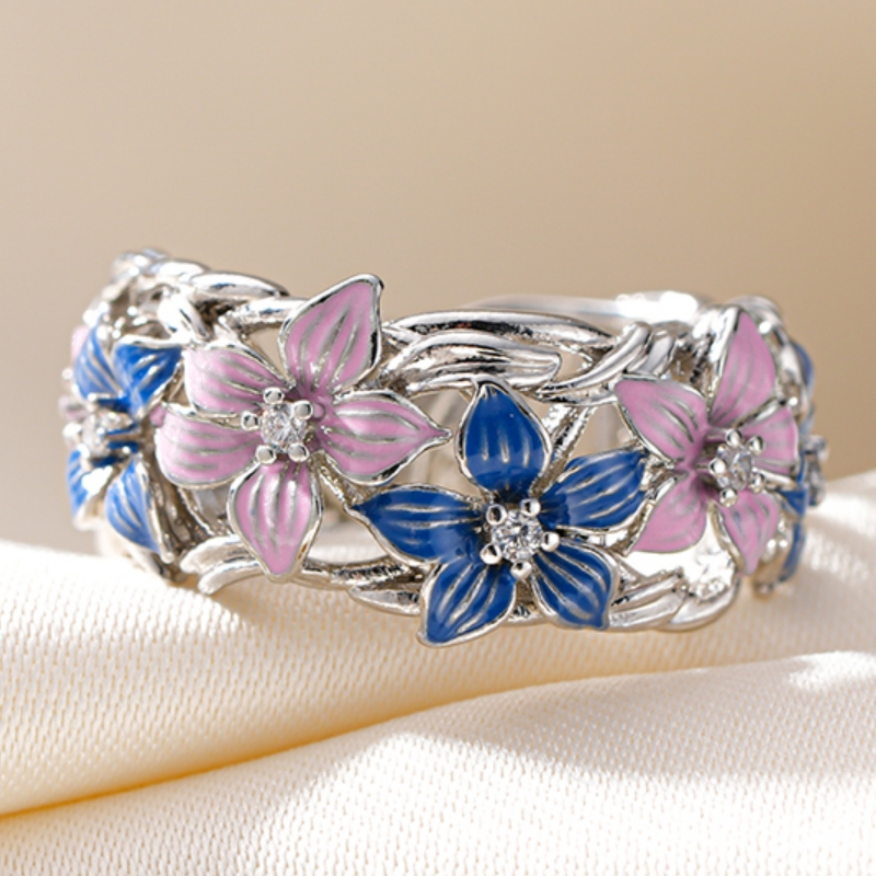 TEMU READKISS Bague pour femme à fleurs de émaillées roses et bleues avec fleurs en synthétique - Élégante et vintage, convient pour les occasions,