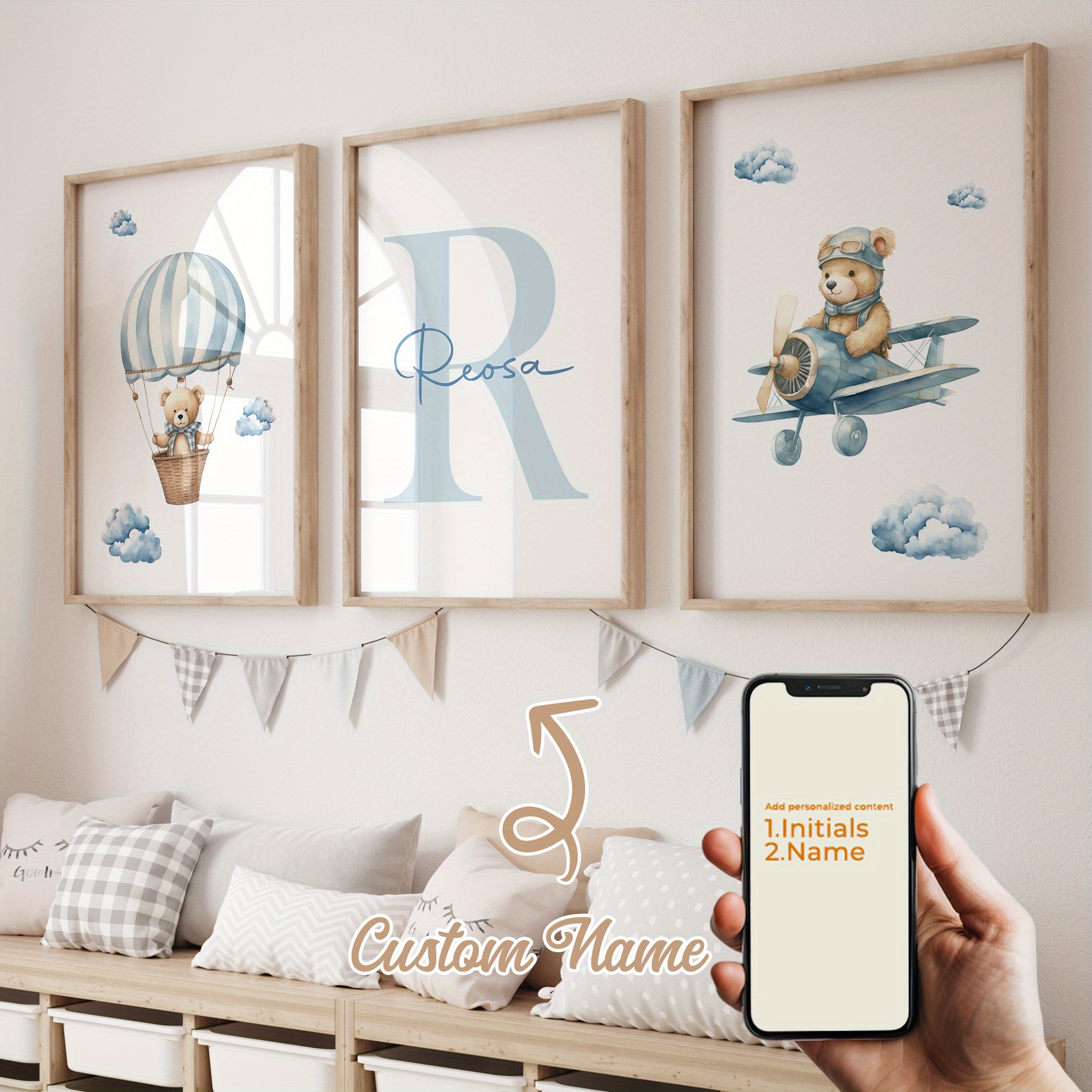 TEMU 3 Stuks/set Persoonlijke Naam Cartoon Blauwe Schattige Beer, Nautische Beer, Geschenkgevende Beer, Wolken Op De Beer Canvas Poster Muurkunst,