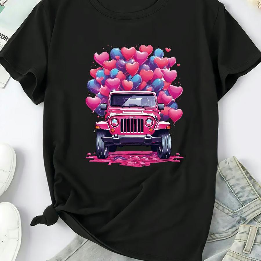 

Women's Plus Size Casual Crew Neck T-shirt, Polyester 95% Elastane 5%, Short Sleeve With Print, Slight Stretch Knit Fabric, Regular Length, Spring/summer/fall - Black