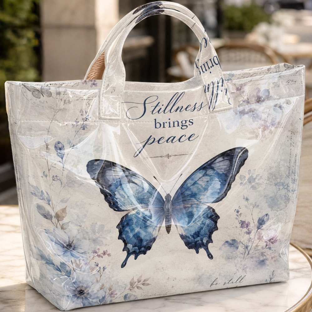 Image of Peace Blue Watercolor Floral Print Tote Bag - Fresh, Vintage-style, Spacious Tote Perfect For Daily Commutes, Travel, Reading, Shopping, Casual , And As A Gift