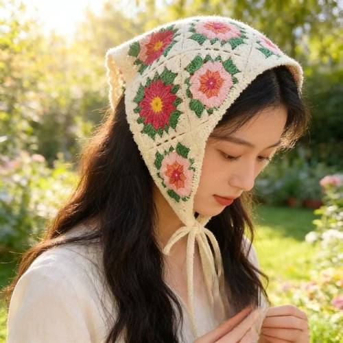 colorful knitted scarf with flowers for spring and summer a sweet and cute hair accessory bohemian style headband with vintage lace womens clothing and headwear fashion additions for women valentines day gift bohemian