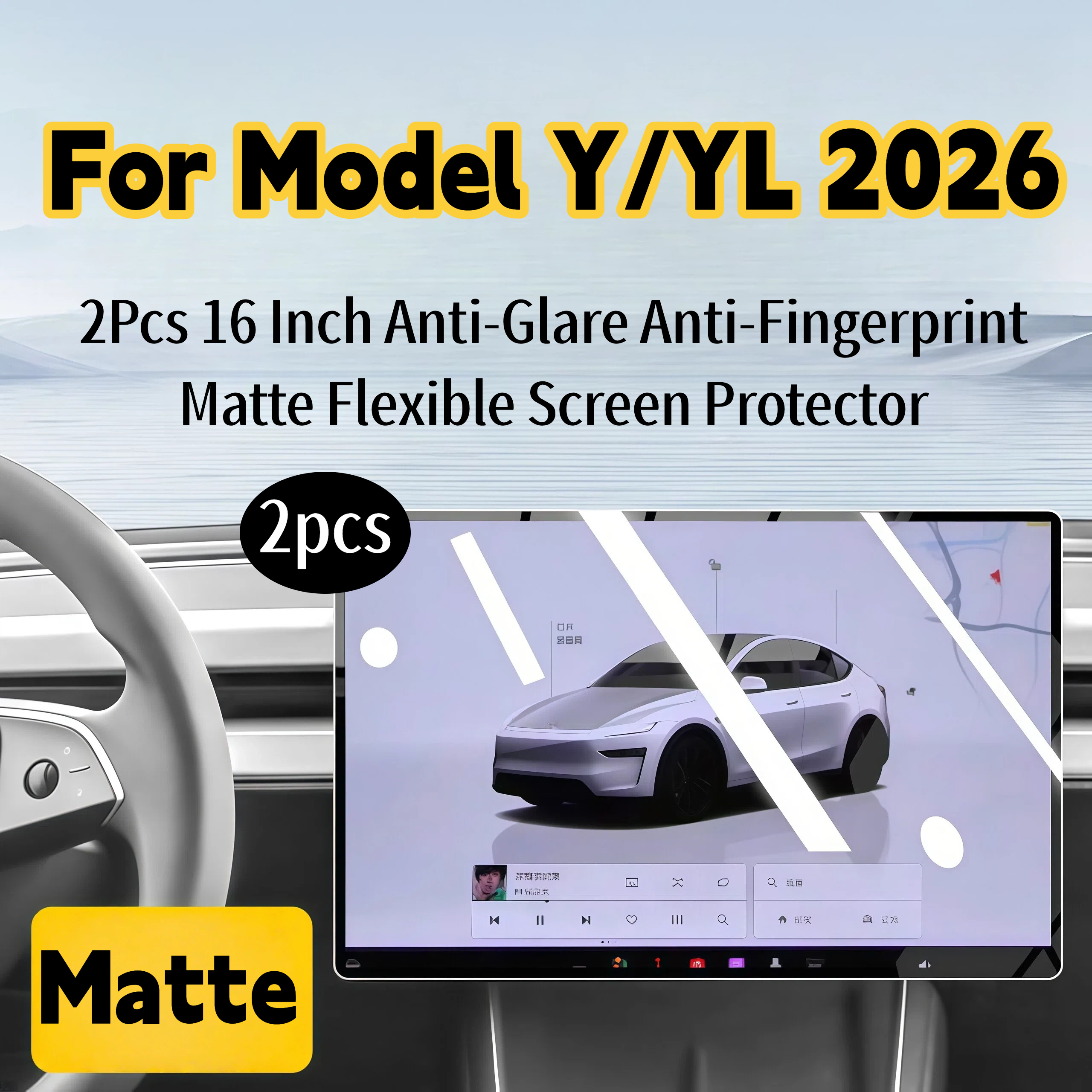 TEMU 2 protections d'écran givrées mate de 16 pouces pour Tesla Model Y/YL 2026, PET flexible amélioré de 0,3 mm, anti-reflet anti-traces de doigts,