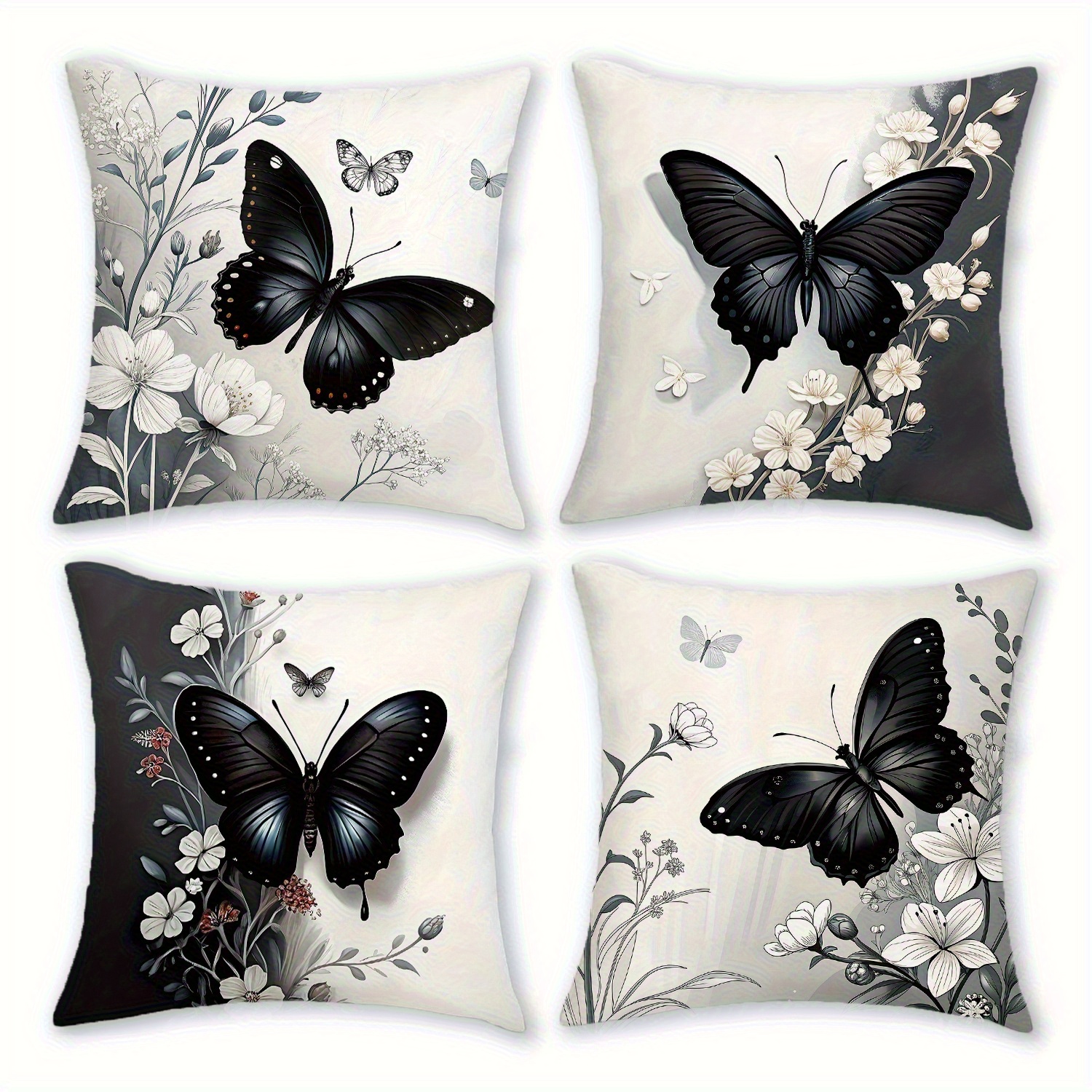 TEMU 4pcs Bohemian Floral Pillow Covers, Modern Black And White Farmhouse Decorative Cushion Cases For Living Room Sofa Bedroom Office, Single-sided