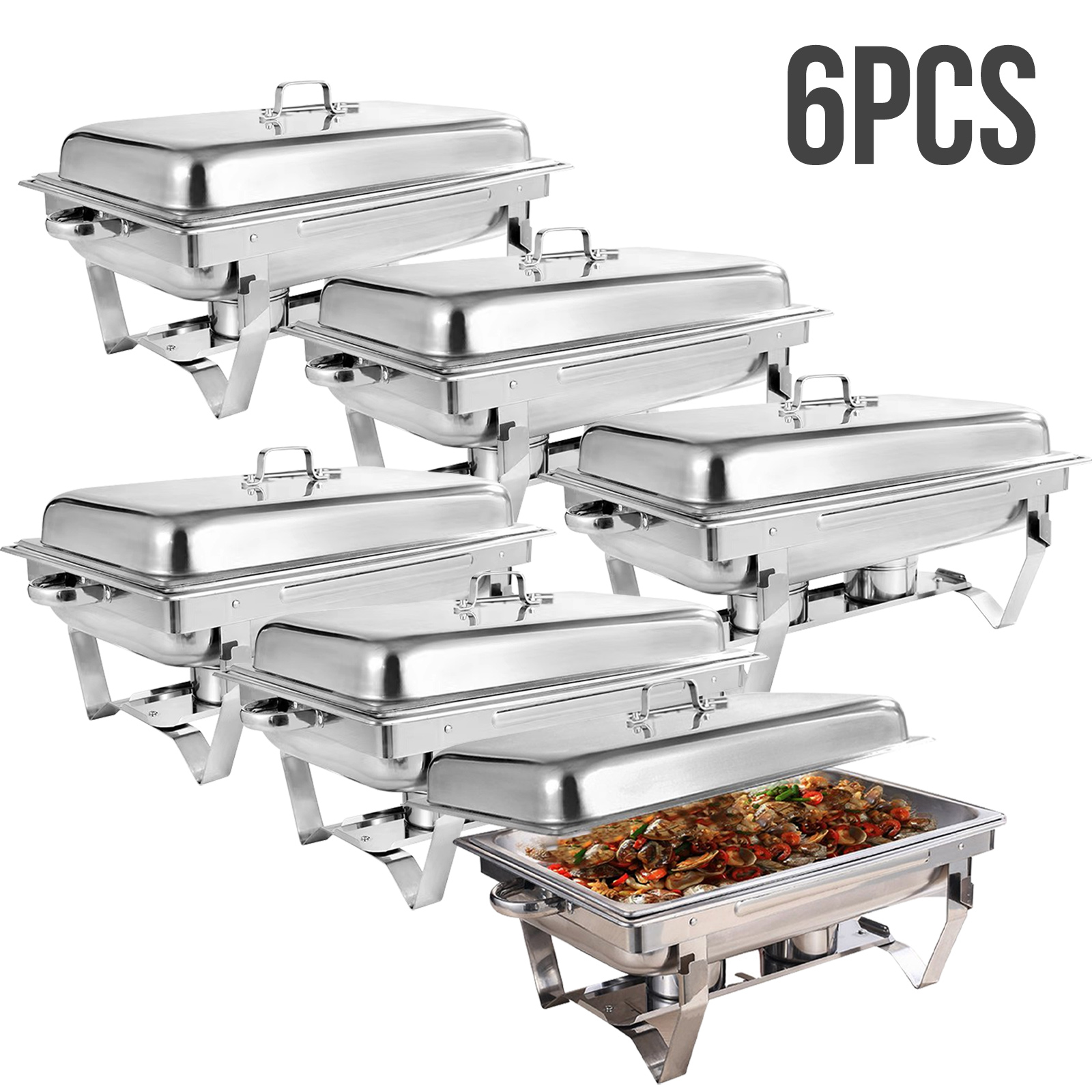 6 Pack Chafing Dish Buffet Set 9l 8qt Foldable Rectangular Chafer Set Stainless Steel Catering Warmer Set With Full Size Water Pan Fuel Holder For Cooked Food Insulation, For Cooking ( For Cooking)