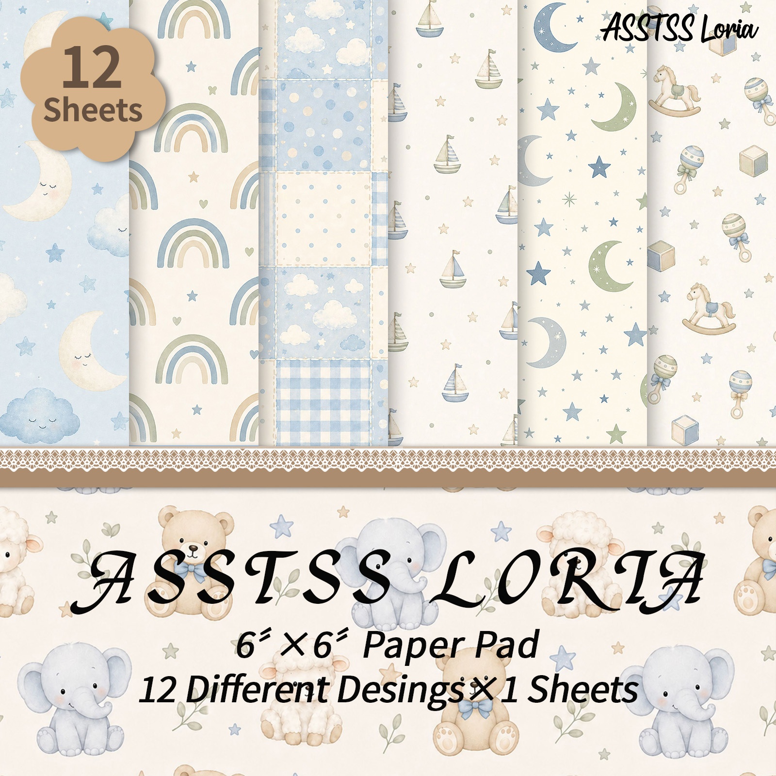 TEMU 12-sheet Asstss 6*6inch Scrapbooking Paper Pad, Blue Baby Bear Backing Paper Supplies, Heavyweight Cardstock For Journaling, Collage Art,