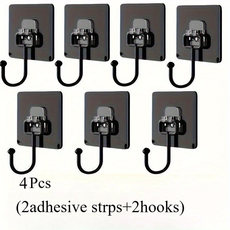TEMU 4pcs (2 Adhesive Strips And ) Sleek Black Self-adhesive Wall Hooks - Heavy-duty, Waterproof, - Ideal For Hanging Coats, Towels, Keys In Bathroom