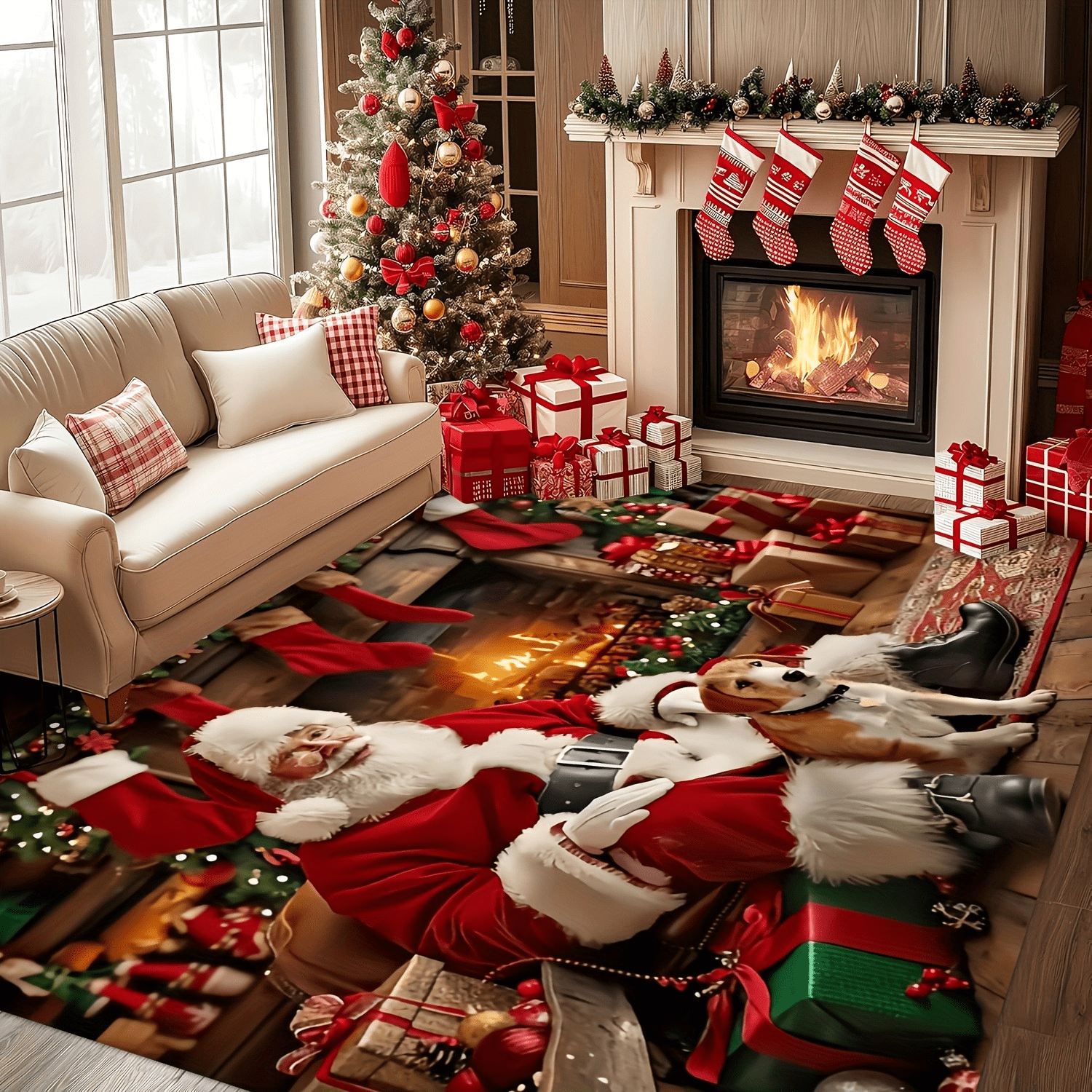 TEMU Christmas Theme Velvet Carpet, Santa Claus And Dog Print Floor Mat, Non-slip Festive Home Decor Rug For Living Room Bedroom Holiday Party Gift