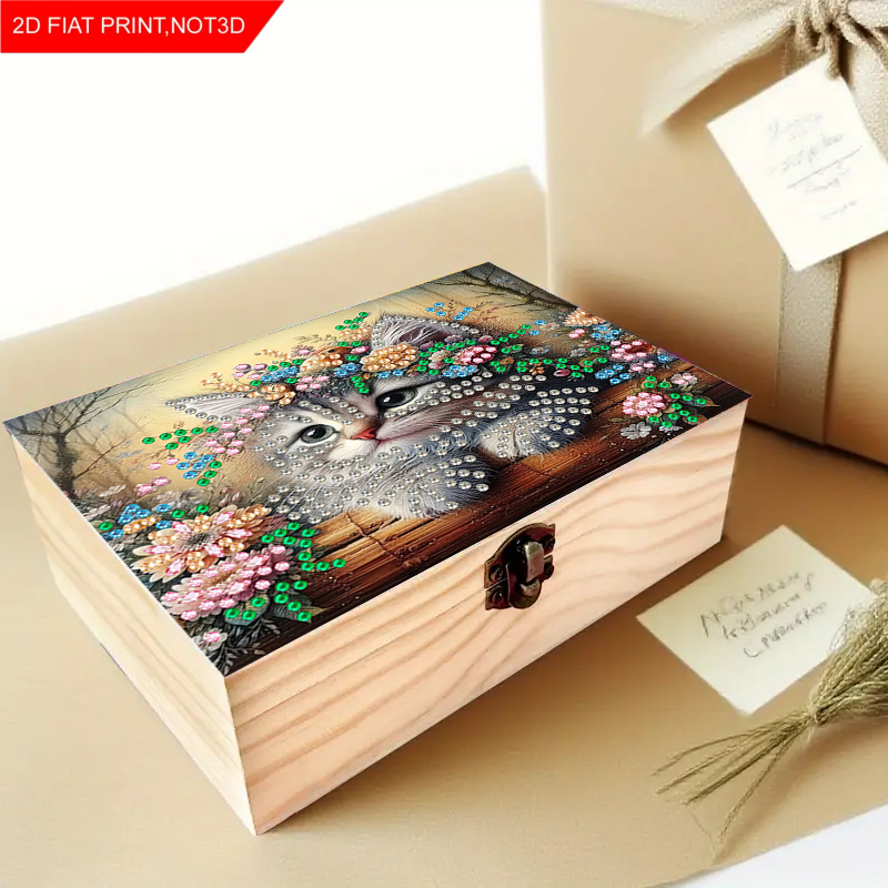 TEMU 1pc Diamond Painting Art Kit, 2d Flat, Diy Handmade Cat And Floral Pattern With Locking Wooden Box, Multi-functional Small Item Storage Box,