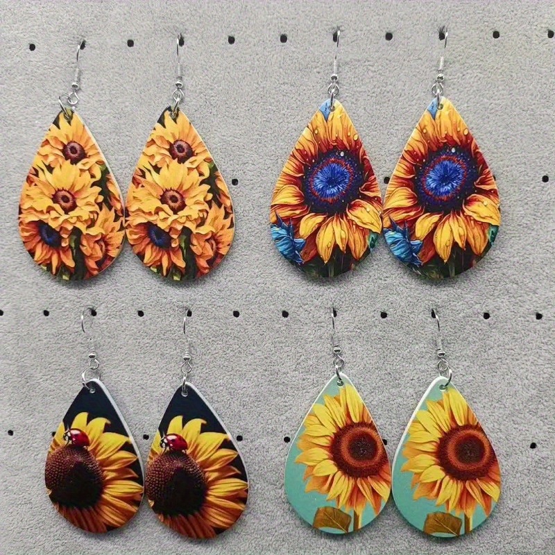 TEMU 4 Pairs Sunflower Water Drop Earrings, Fashionable And Vibrant Design, Women And Anyone Who Floral Accents
