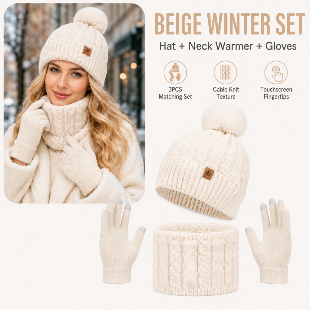 TEMU 3pcs Women's Winter Hat Neck Warmer Gloves Set, Pom Pom Beanie Matching Additions For Cold Weather , Outdoor And Daily Wear