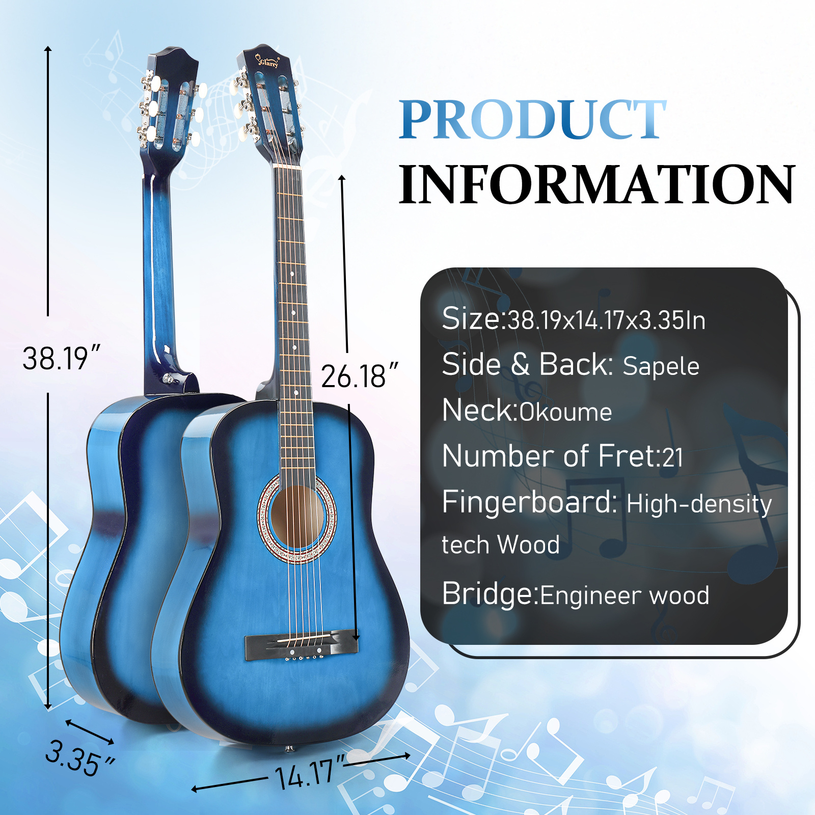 A 38-Inch Acoustic Folk Guitar Made of Basswood with a Cutaway... product image 2