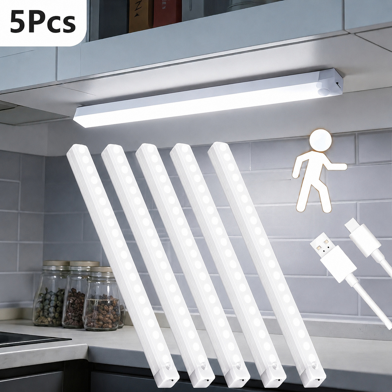5pcs Magnetic USB Induction Night Light Set, Warm White