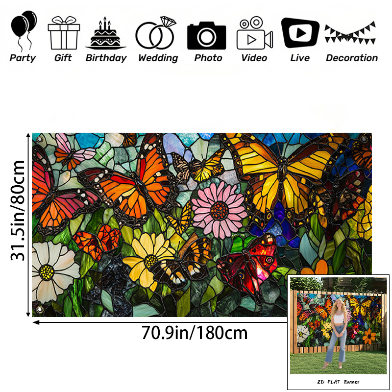 TEMU 【2d Flat】 1pc Stained Glass Butterflies Flowers Green Printed Privacy Screen Outdoor Railing Cover, 100% Polyester Patio Deck Fence Screen, 2