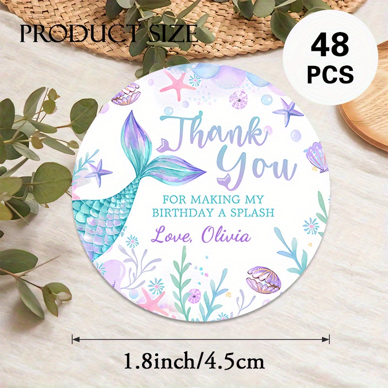 TEMU Personalized Round Stickers With A Mermaid Tail And Underwater Theme, In Sets Of 48 Or 96, Perfect For Expressing Gratitude At Events, As Party