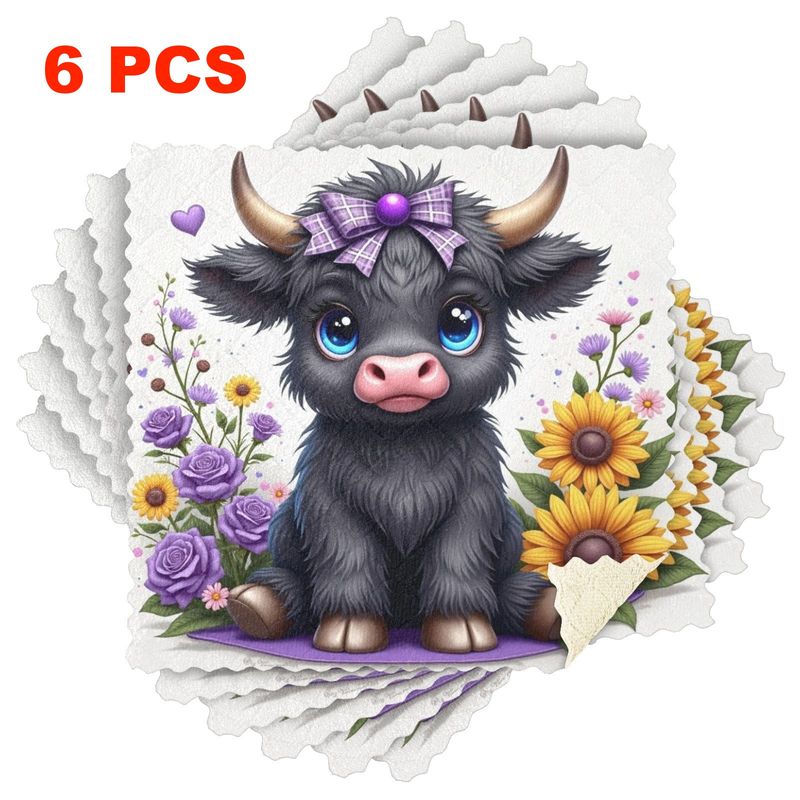 TEMU Set Of 3/6 Kitchen Dishcloths Featuring A Cartoon Cow Design, Reusable Cleaning Cloths Made Of Fibers, Highly Absorbent And Easy To Clean, Thick