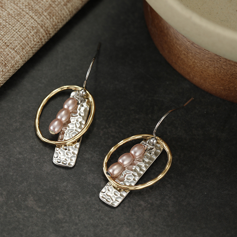 Women's Two-Tone Hammered Oval Hoop Drop Earrings, Minimalist Boho
