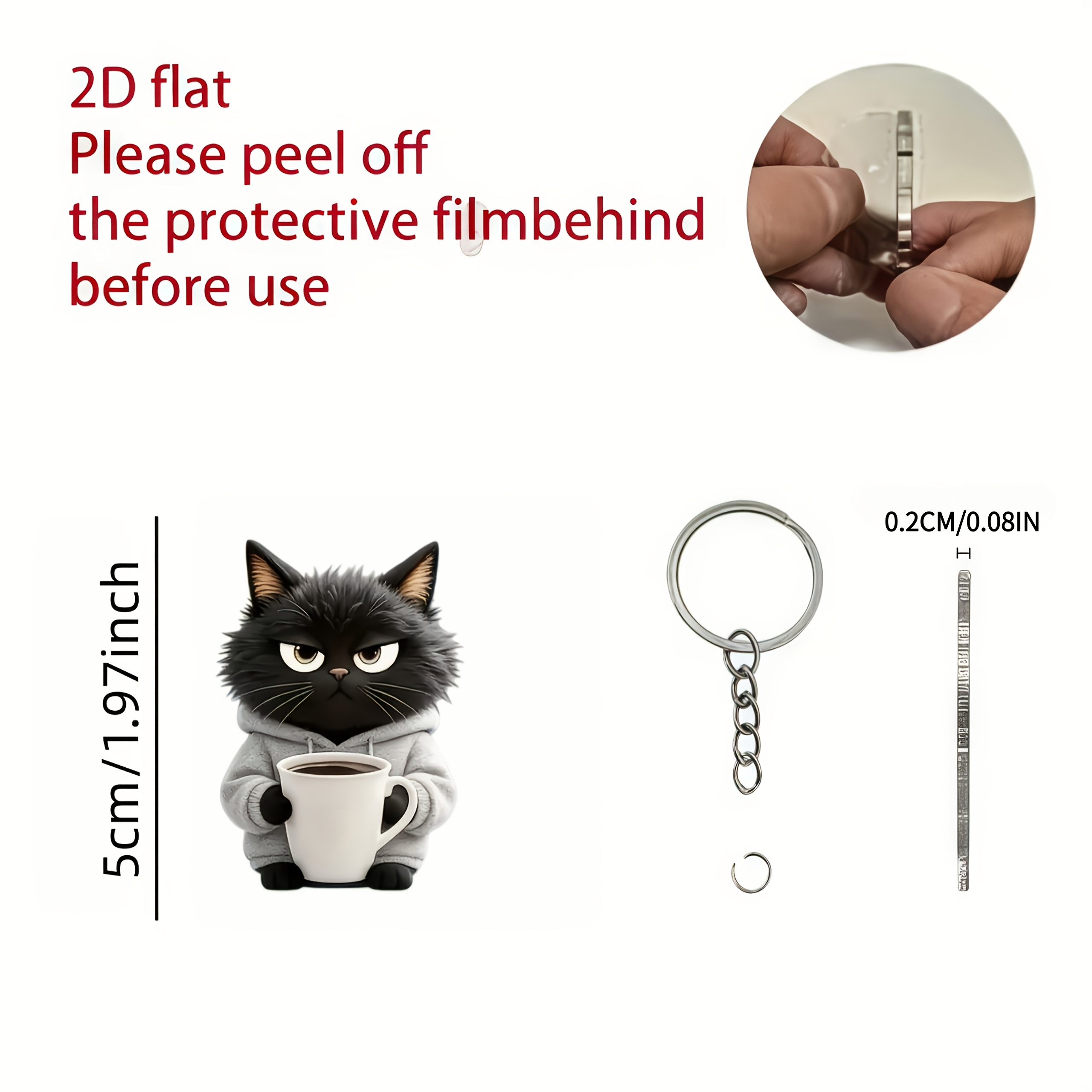 TEMU 2D, Diseño 2D, Gato con Sudadera con Capucha , Sosteniendo un Café | Llavero de Acrílico con Cadena de Aleación, Dije para Teléfono, Accesorio