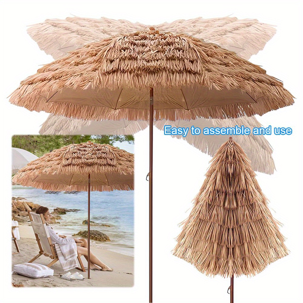 TEMU 7.5ft Thatched Umbrella, Beach Umbrella Height Adjustable Foldable Stand, Outdoor Patio Umbrella 8 Ribs Umbrella For Garden Patio Beach